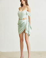 Off-shoulder satin corset with pleated sleeves