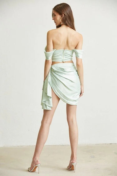 Crystal Droplet Mint Green Corset Skirt Set side view showing skirt silhouette and fit