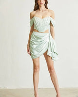 Crystal Droplet Mint Green Corset Skirt Set close up of corset top design and fabric