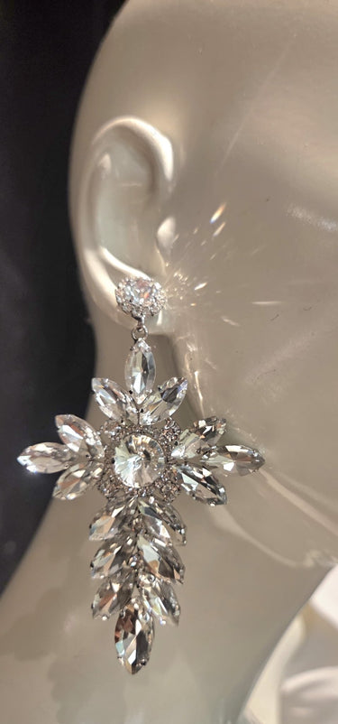 Crystal Flower Drop Earrings - Silver - Palazzo Couture Online