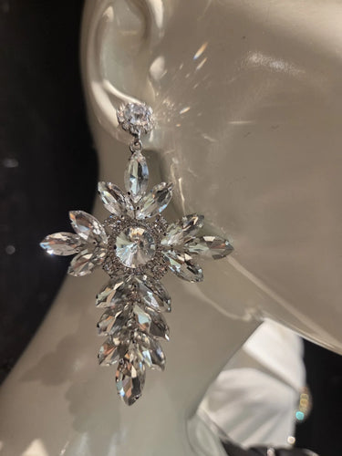 Crystal Flower Drop Earrings-Silver - front view