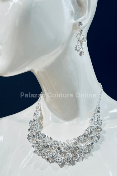 Crystal Flowers Necklace Set (Silver) - Palazzo Couture Online
