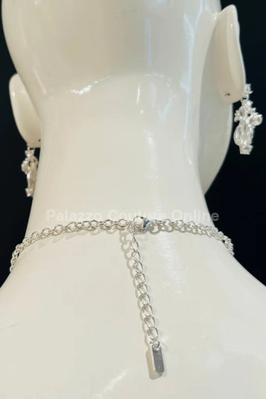 Crystal Flowers Necklace Set (Silver) - women's statement jewelry
