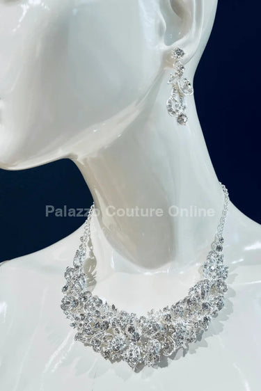 Crystal Flowers Necklace Set (Silver) for women - fashion jewelry by Palazzo Couture