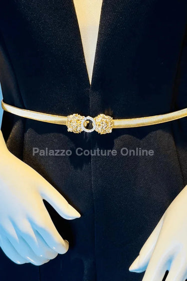 Crystal Safari Elastic Lion face Belt Gold - women's statement waist belt accessory