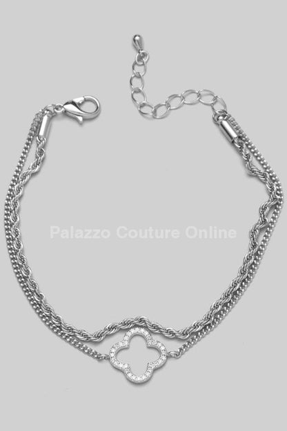 Cubic Zirconia Clover Charm Rhodium / One Size Bracelet