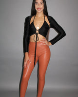Cut Out Back Halter Ruched Crop Top (Black) - women's cropped top