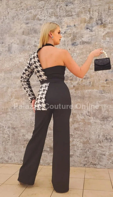 Dale Black & White Houndstooth Sequin Jumpsuit – Single Shoulder - women's fashion jumpsuit for every occasion