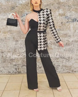 Dale Black & White Houndstooth Sequin Jumpsuit – Single Shoulder - elegant jumpsuit for parties and events