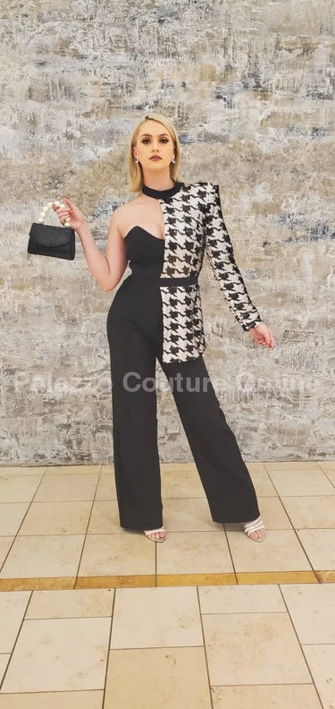 Dale Black & White Houndstooth Sequin Jumpsuit – Single Shoulder - elegant jumpsuit for parties and events