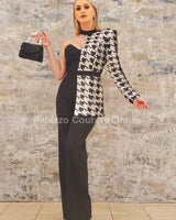 Dale Black & White Houndstooth Sequin Jumpsuit – Single Shoulder - women's one-piece outfit for going out