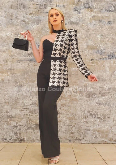 Dale Black & White Houndstooth Sequin Jumpsuit – Single Shoulder - women's one-piece outfit for going out