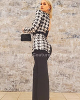 Dale Black & White Houndstooth Sequin Jumpsuit – Single Shoulder - trendy women's jumpsuit