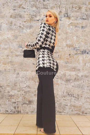 Dale Black & White Houndstooth Sequin Jumpsuit – Single Shoulder - trendy women's jumpsuit