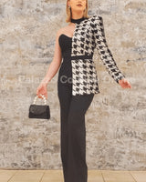 Dale Black & White Houndstooth Sequin Jumpsuit – Single Shoulder for women - stylish jumpsuit by Palazzo Couture