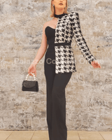 Dale Black White Houndtooth Sequins single Shoulder Jumpsuit - Palazzo Couture Online