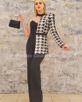 Dale Black White Houndtooth Sequins single Shoulder Jumpsuit - Palazzo Couture Online