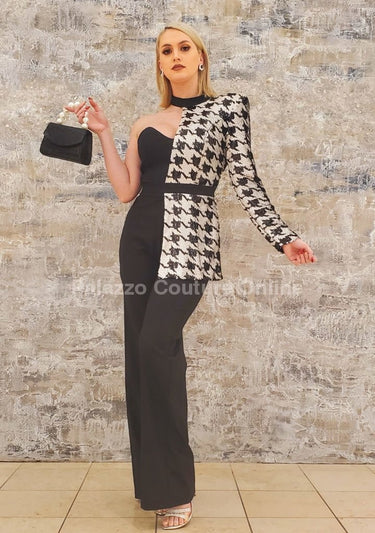 Dale Black White Houndtooth Sequins single Shoulder Jumpsuit - Palazzo Couture Online