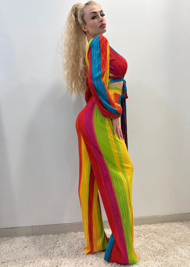 Dance Under The Sun Rainbow Pant Set – Pleated Two-Piece showing coordinated top and pants construction