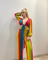 Dance Under The Sun Rainbow Pant Set – Pleated Two-Piece side view showing pants silhouette and fit