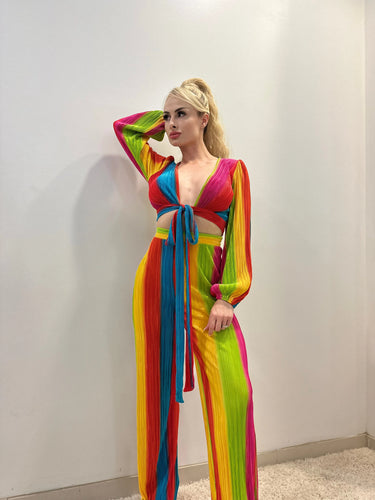 Dance Under The Sun Rainbow Pant Set – Pleated Two-Piece side view showing pants silhouette and fit