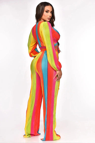 Dance Under The Sun Rainbow Pant Set – Pleated Two-Piece close up of pleated top design and fabric detail