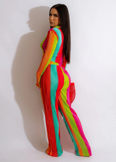 Dance Under The Sun Rainbow Pant Set – Pleated Two-Piece full body look paired with heels and accessories
