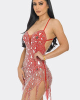 Dazzling Glam Rhinestone Red Mini Dress close up detail of elegant design