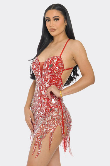 Dazzling Glam Rhinestone Red Mini Dress close up detail of elegant design