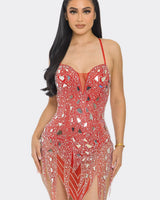 Dazzling Glam Rhinestone Red Mini Dress front view showing mini dress silhouette