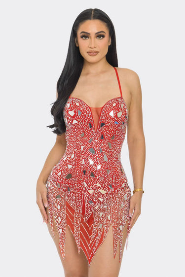 Dazzling Glam Rhinestone Red Mini Dress front view showing mini dress silhouette