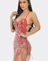 Dazzling Glam Rhinestone Red Mini Dress side view highlighting short hemline