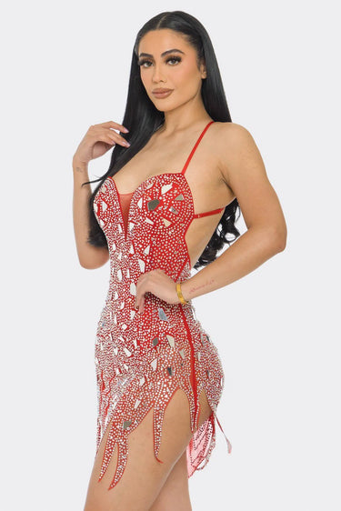 Dazzling Glam Rhinestone Red Mini Dress side view highlighting short hemline
