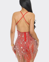 Dazzling Rhinestone Glam Mini Dress (Red) - Palazzo Couture Online