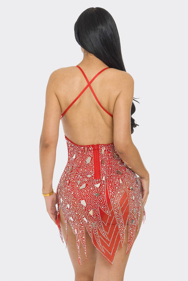 Dazzling Rhinestone Glam Mini Dress (Red) - Palazzo Couture Online