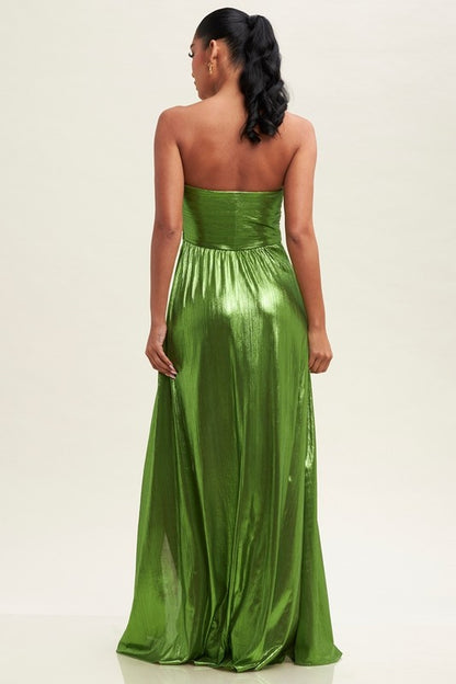 Ainsley Metallic Pleated Maxi Dress (Olive)