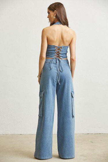 Denim Blossom Pant Set - Palazzo Couture Online