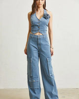 Denim Blossom Pant Set front view showing complete two piece pant set