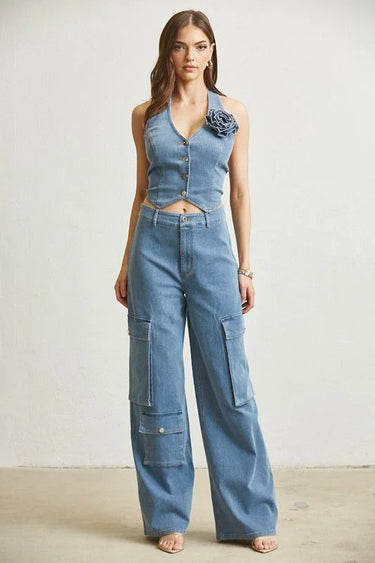 Denim Blossom Pant Set front view showing complete two piece pant set