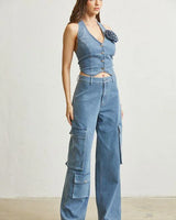 Denim Blossom Pant Set close up of denim top design and fabric detail