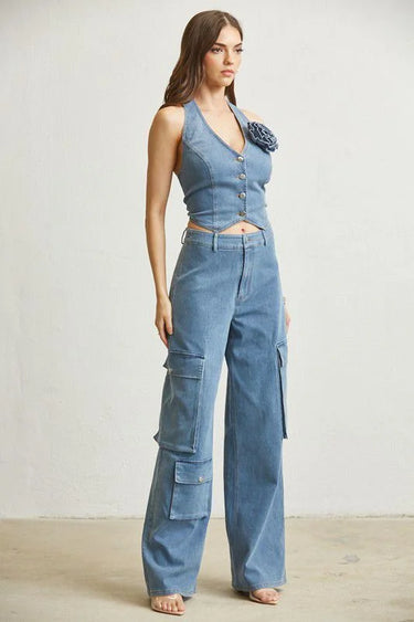 Denim Blossom Pant Set close up of denim top design and fabric detail