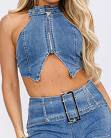Denim Chic Halter Top and Shorts Set - Palazzo Couture Online