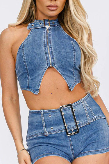 Denim Chic Halter Top and Shorts Set - Palazzo Couture Online
