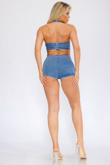 Denim Chic Halter Top and Shorts Set - Palazzo Couture Online