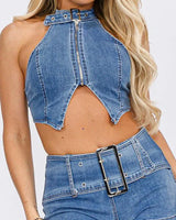 Women's Denim short set halter style back view