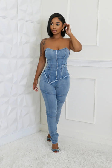 Denim Hourglass Bustier Jumpsuit - elegant jumpsuit for parties and events