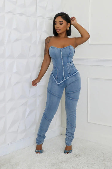 Denim Hourglass Bustier Jumpsuit - women's one-piece outfit for going out