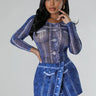 Denim Illusion Bodysuit and Skort Set front view showing complete two piece short set