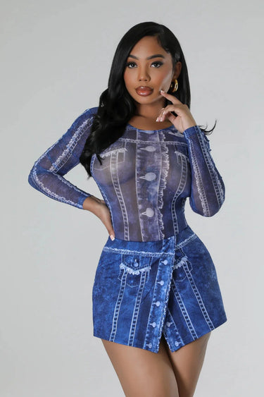 Denim Illusion Bodysuit and Skort Set front view showing complete two piece short set