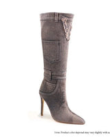 Denim Scandalous Knee-High Heel Boots (Camel) - stylish boots for going out